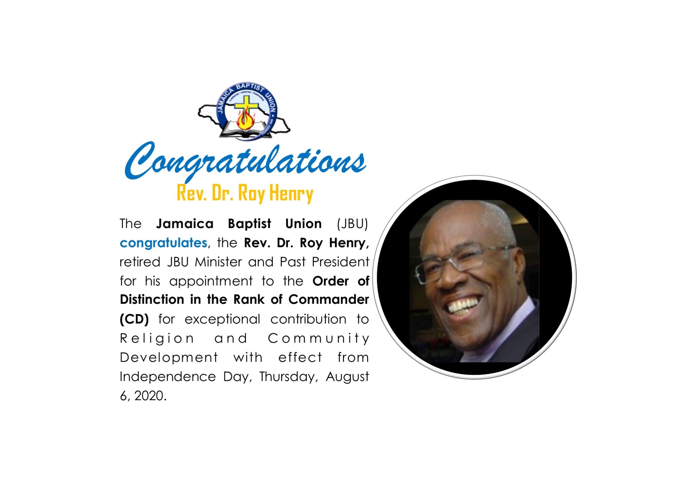 You are currently viewing Past President Rev. Dr. Roy Henry receives National Honour